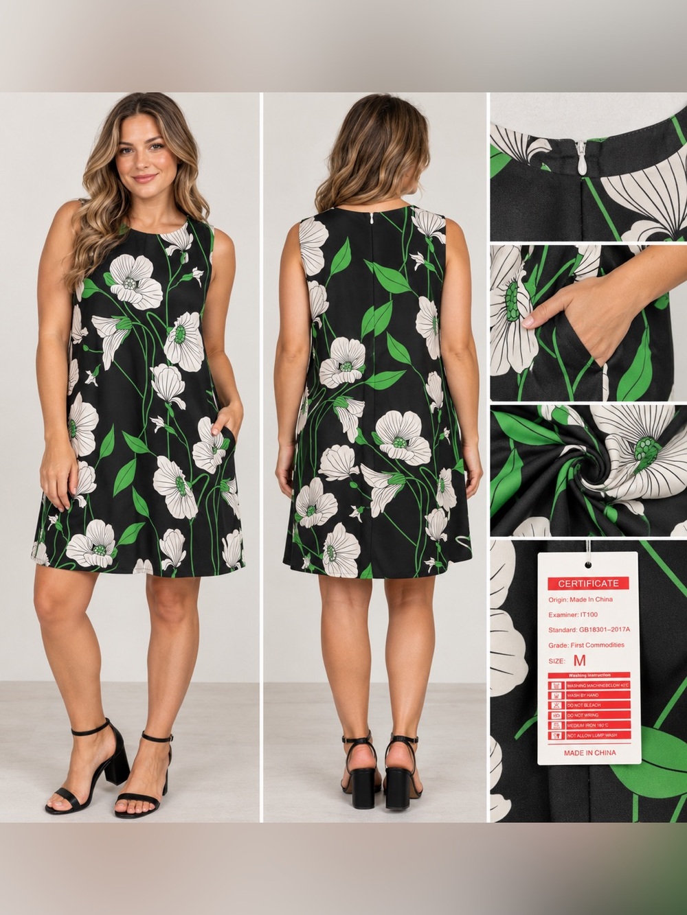 Floral Mini Dress in Black & Green Size Medium NWT